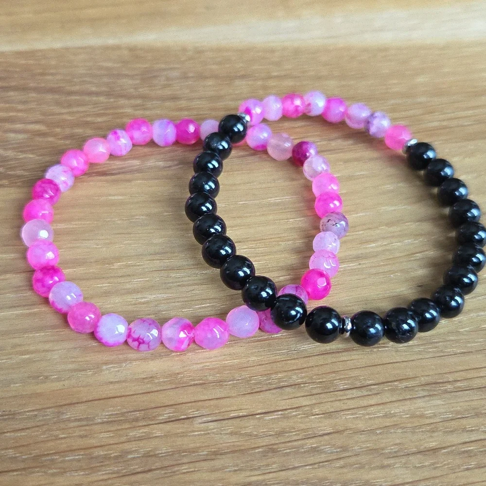 Pink Botswana Agate & Black Onyx Beads Bracelet Set, Stretch, Hand Crafted - Picture 6 of 9